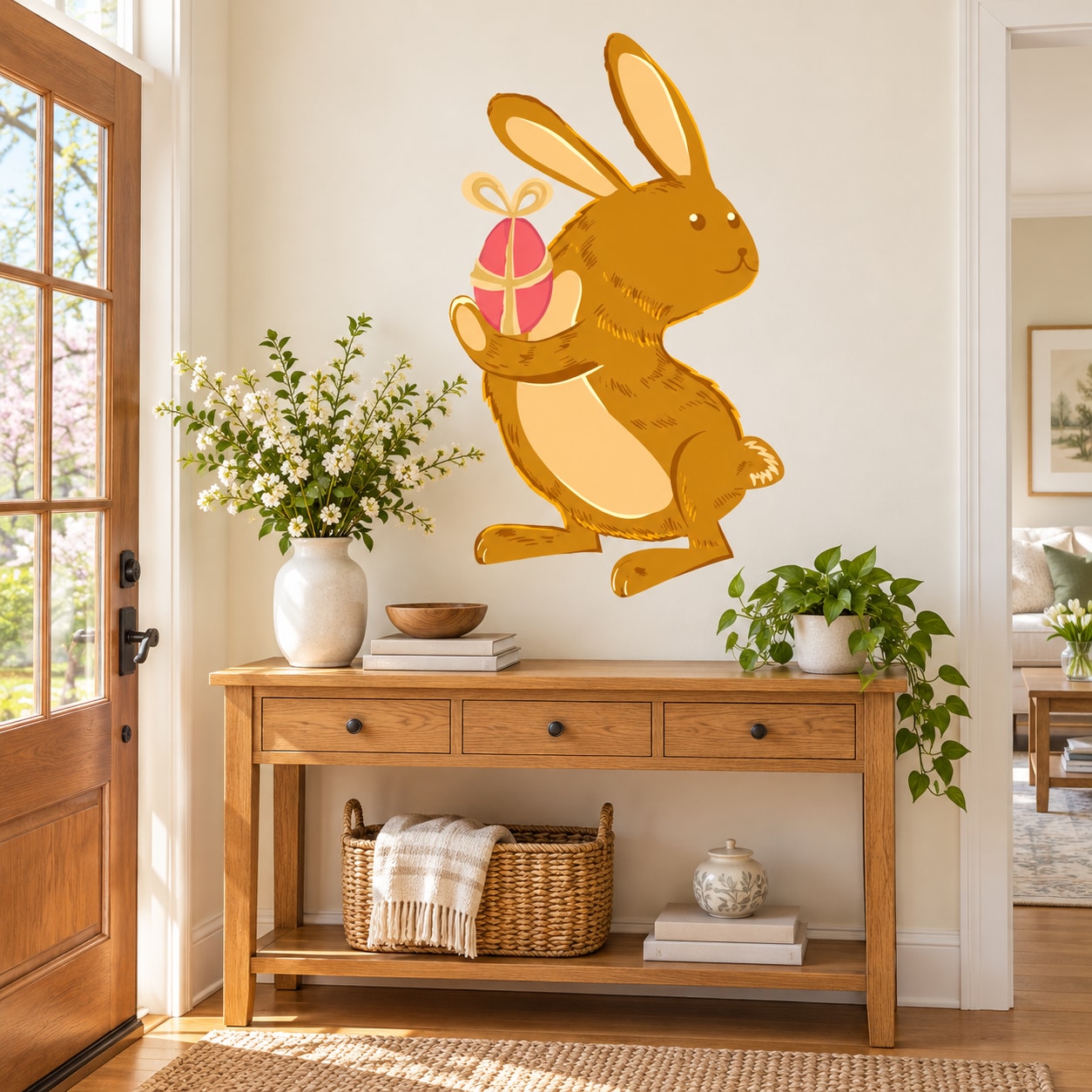 Easter bunny holding decorated egg wall sticker, brown cartoon style with pink ribbon