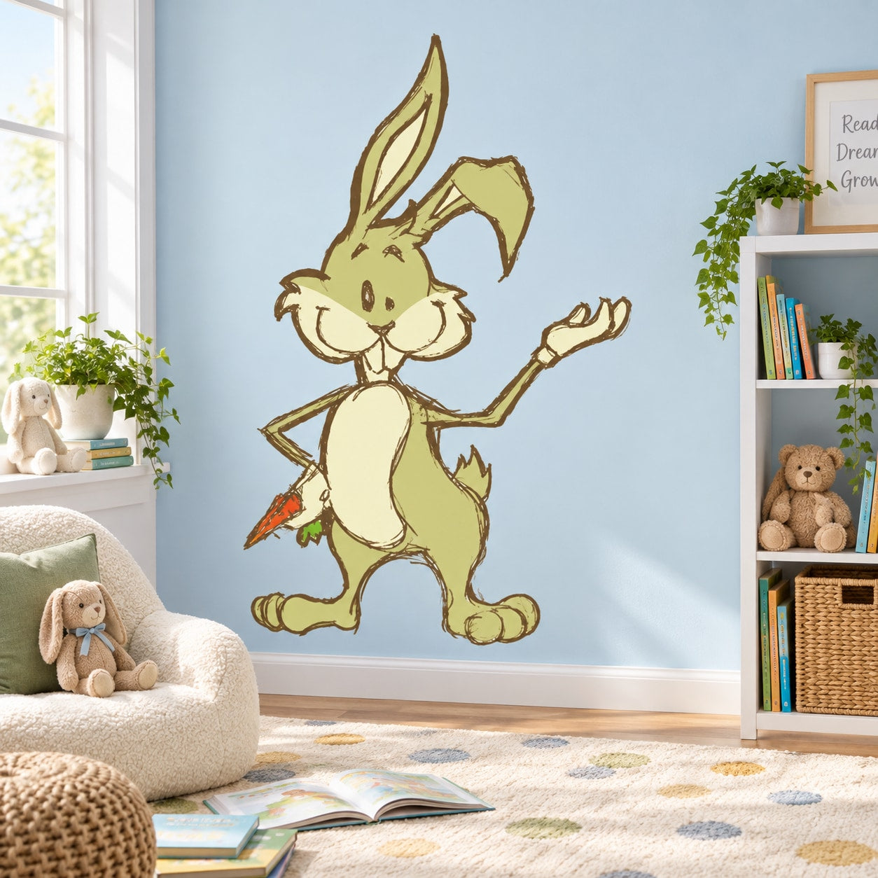 Cartoon Easter bunny wall sticker with raised paw and long ears