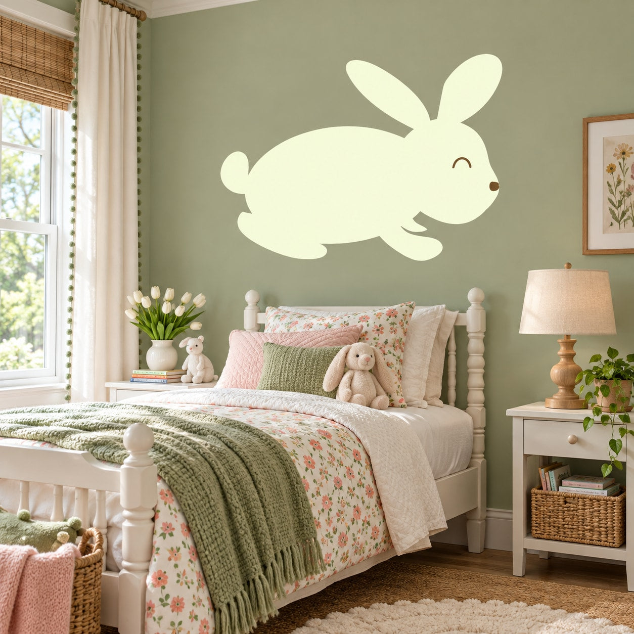 Jumping white Easter bunny wall sticker with rounded ears and smiling face.