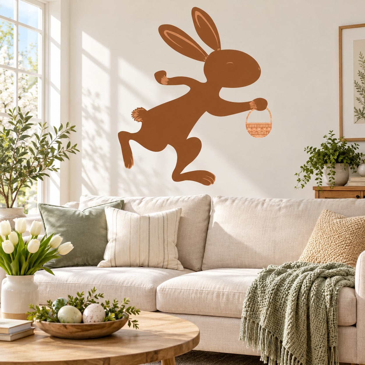 Brown Easter bunny running with basket sticker on wall.