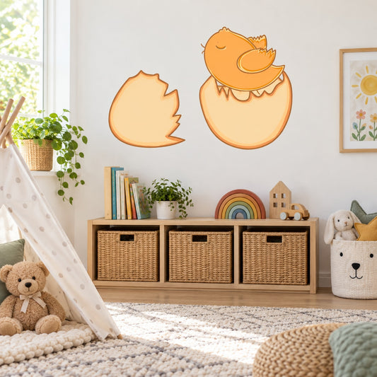 Orange chick hatching from egg printed die-cut decal set, two pieces with outlines