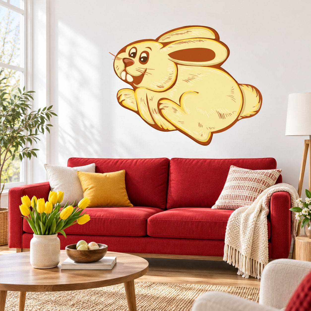 Hopping bunny wall sticker in yellow and orange with cute cartoon face