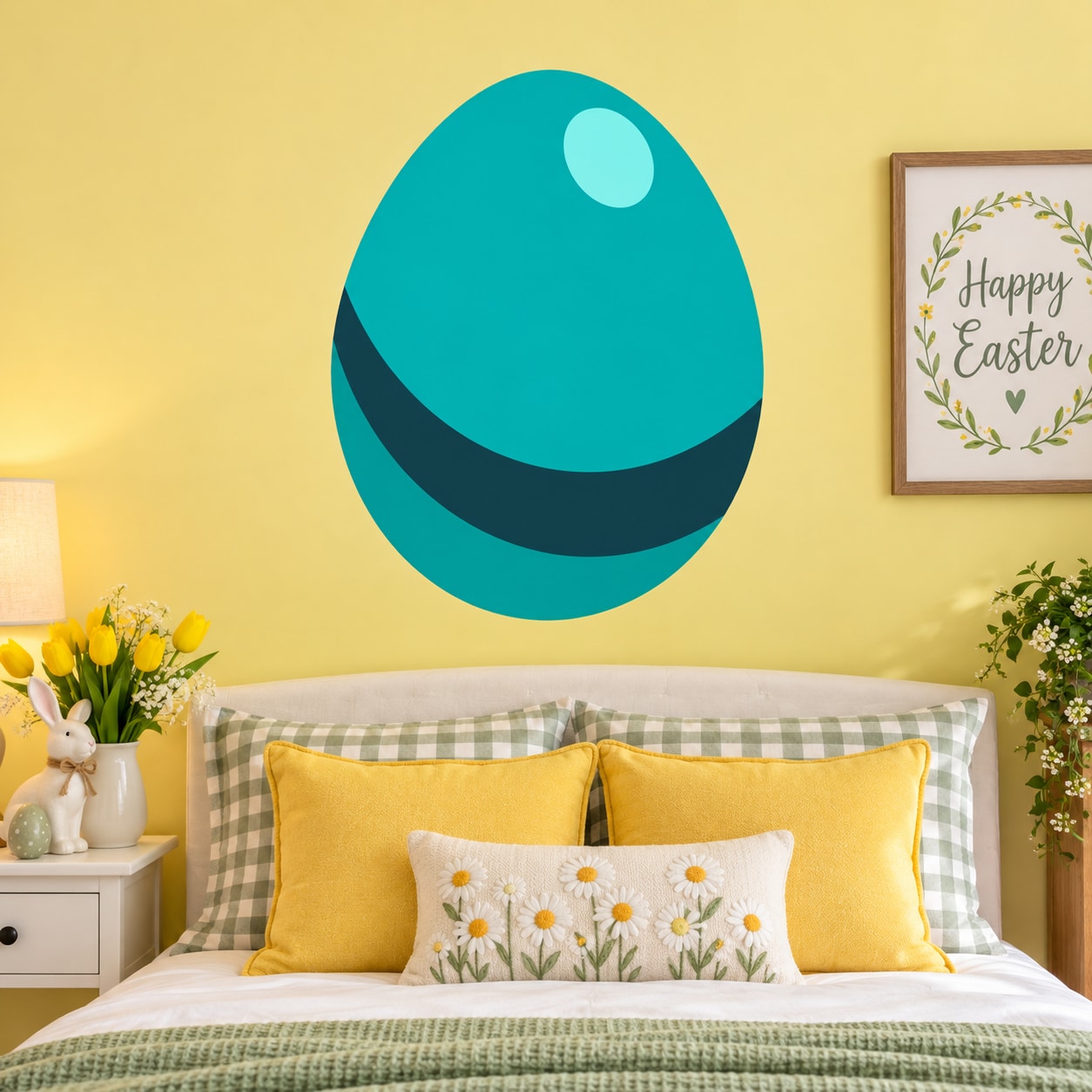 Teal Easter egg wall sticker with dark curved stripe and small white dot
