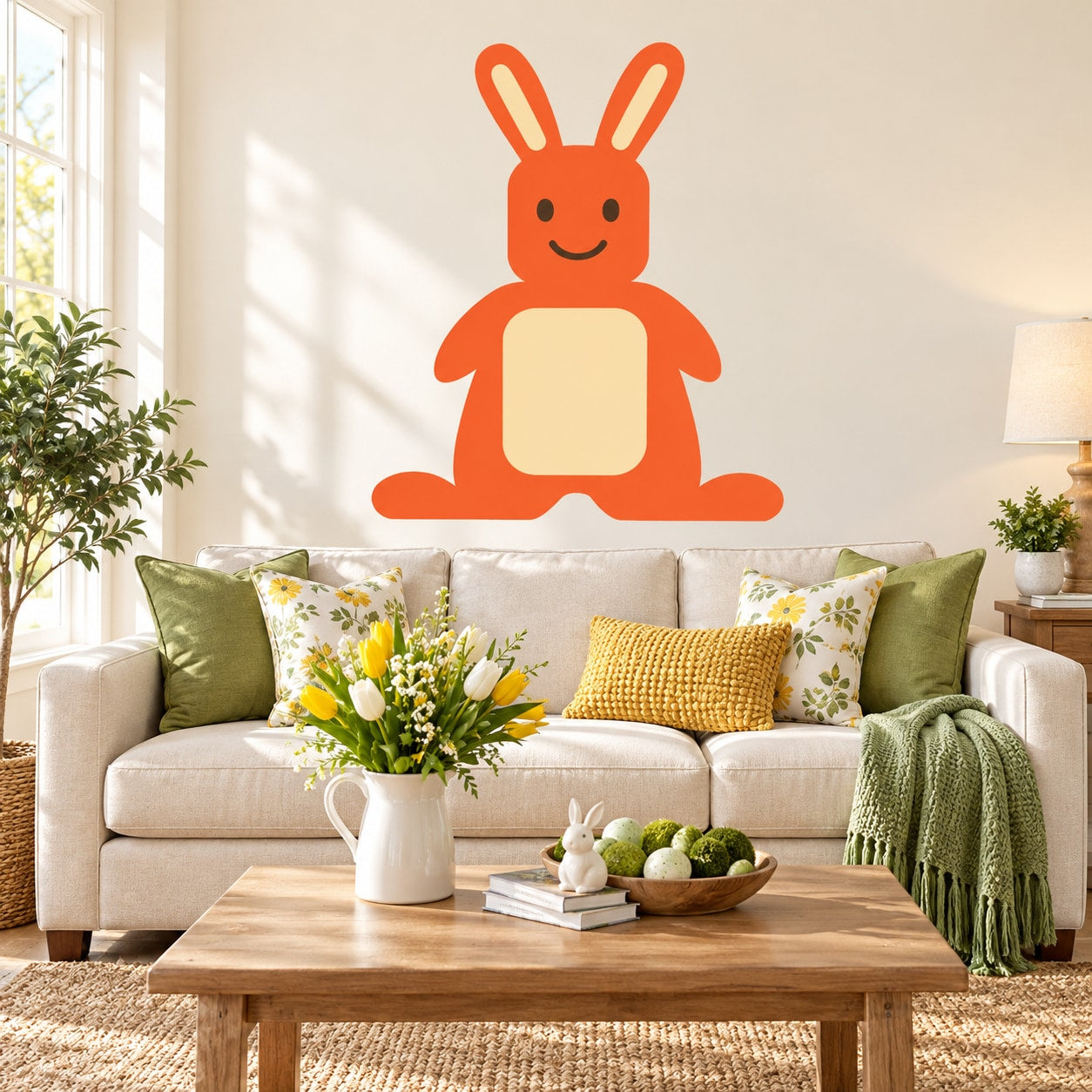 Orange standing Easter bunny kids wall sticker with long ears and smiling face