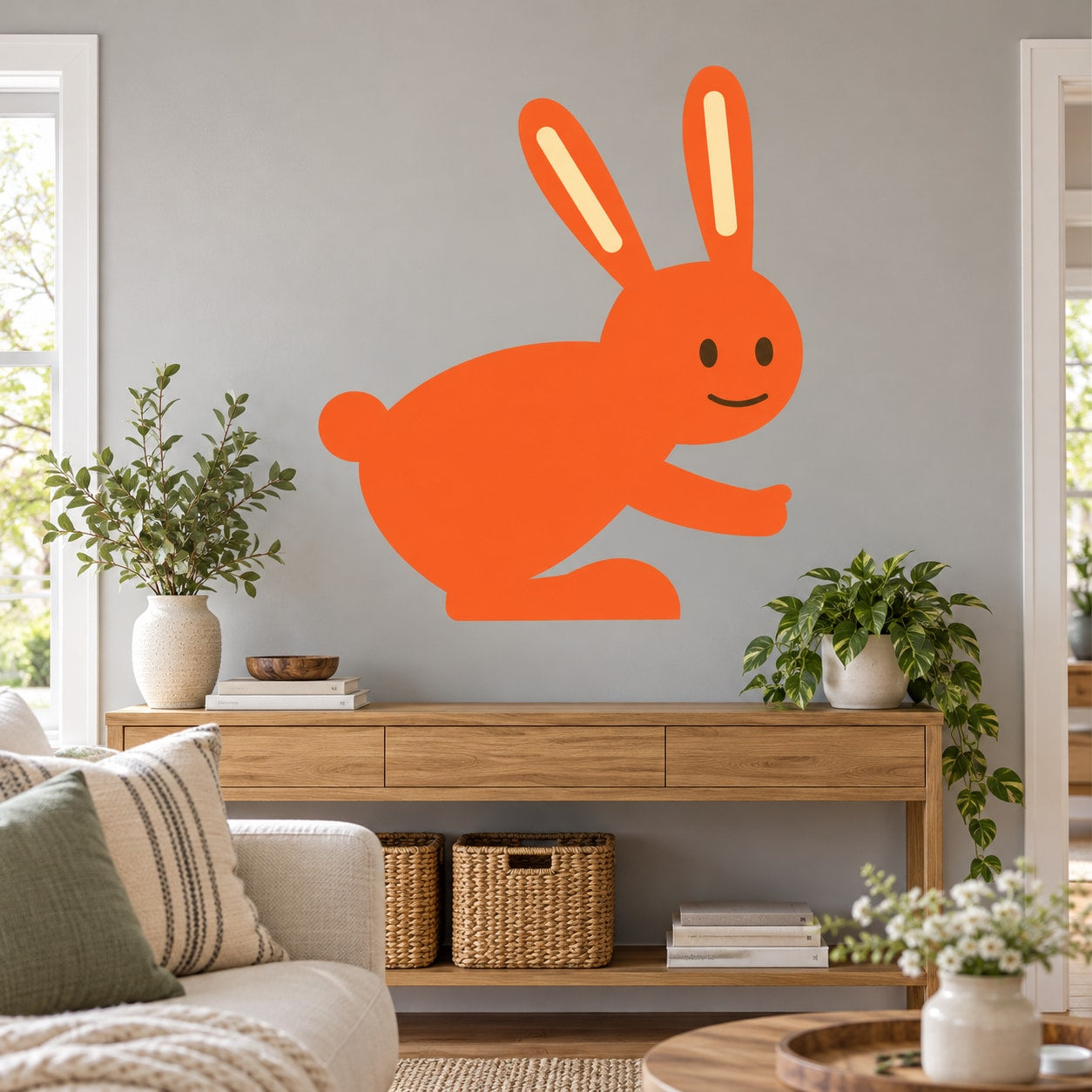Orange hopping Easter bunny wall sticker with smiling face and raised paw