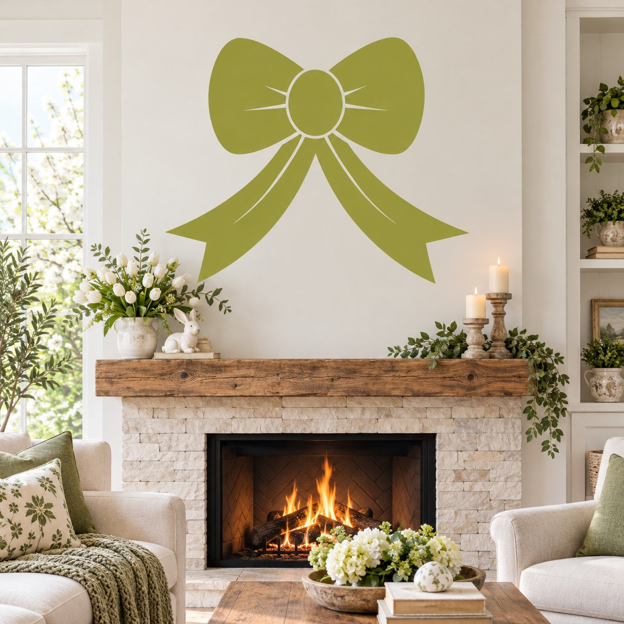 Green bow decal with circular center and dangling ribbon, above fireplace wall