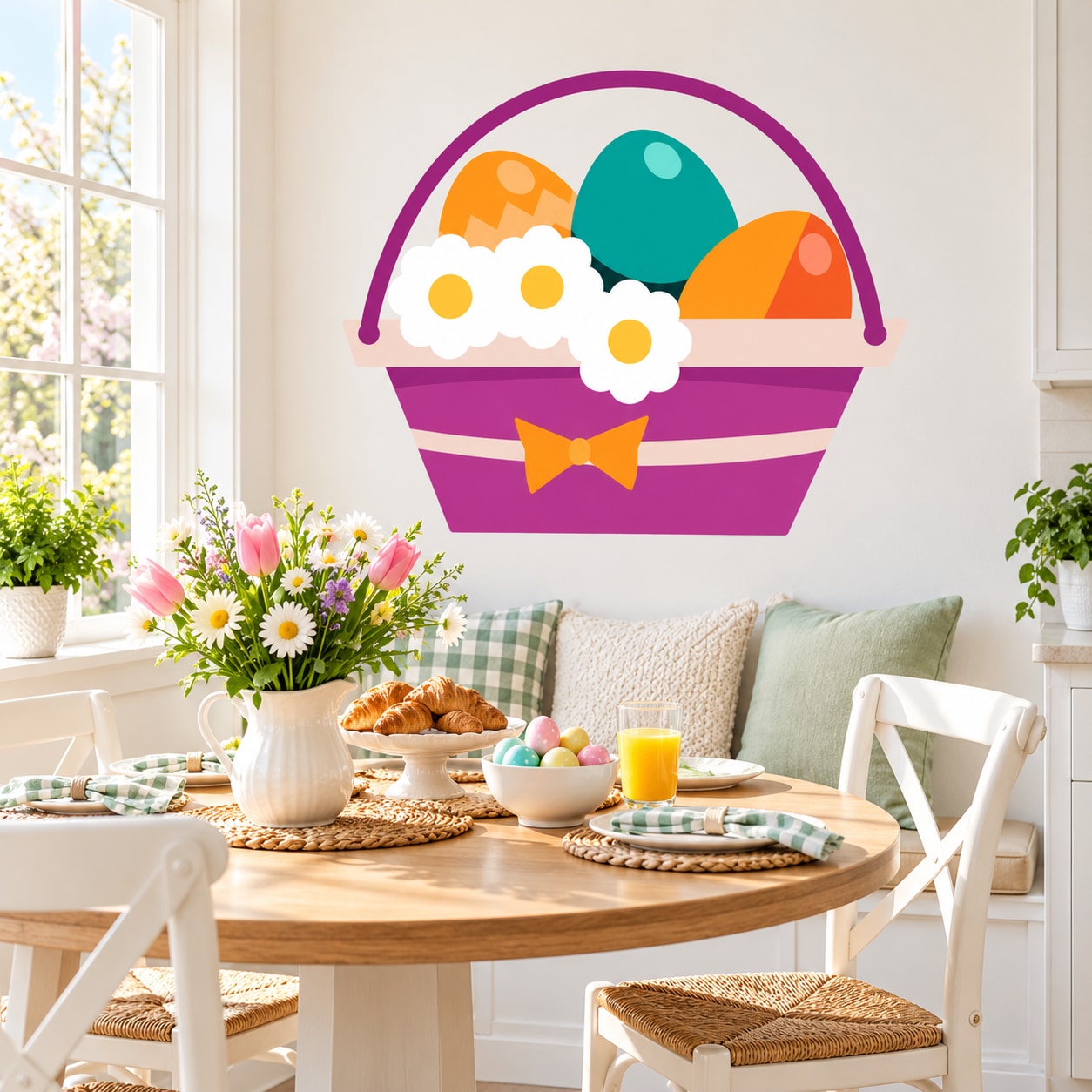Easter egg basket printed die-cut wall decal, purple basket with eggs and gold bow