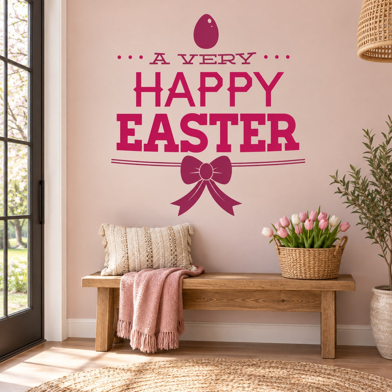 Happy Easter wall decal with maroon text and bow ribbon graphic