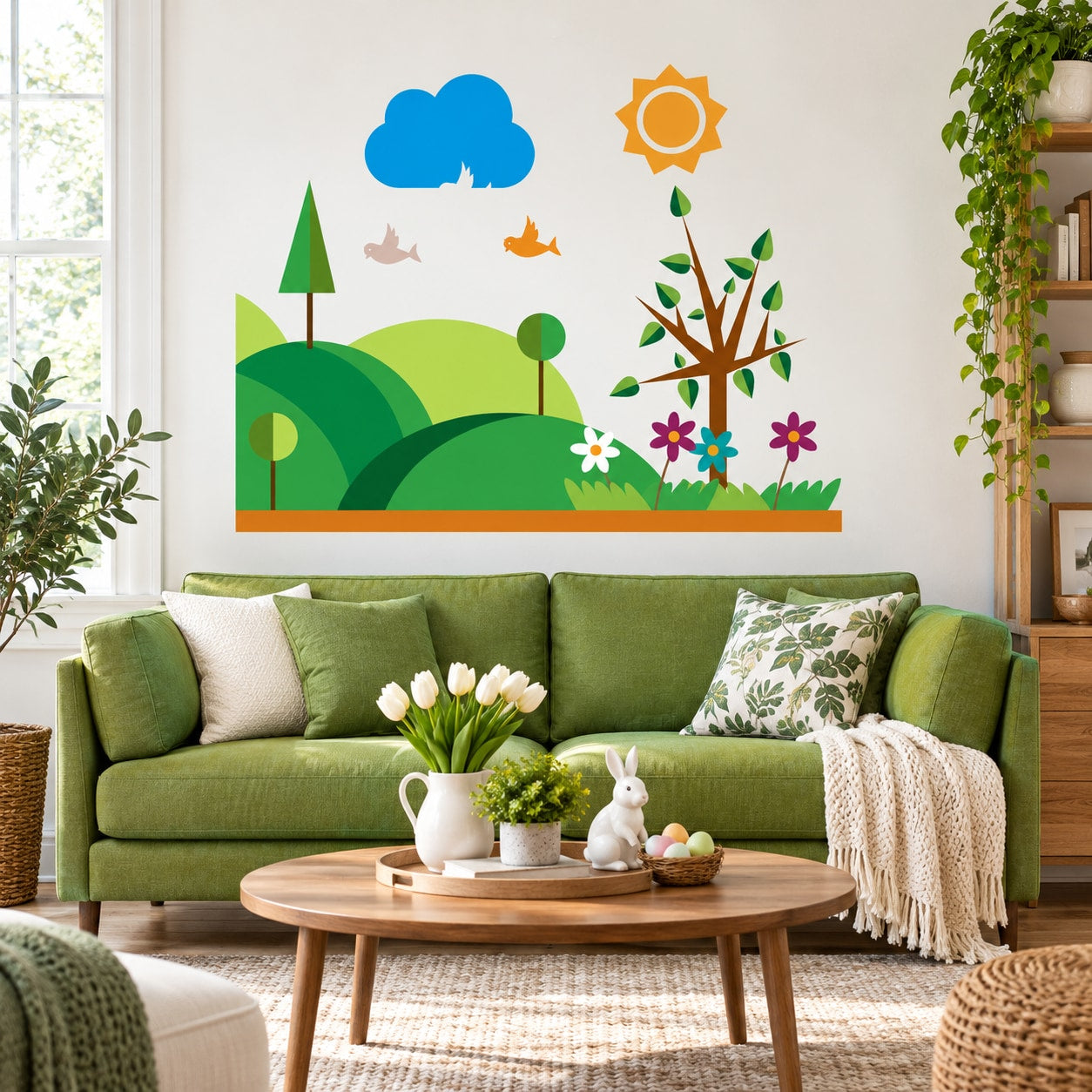 Spring scenery wall decal with sun, trees, flowers, hills, and rabbits