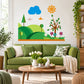 Spring scenery wall decal with sun, trees, flowers, hills, and rabbits