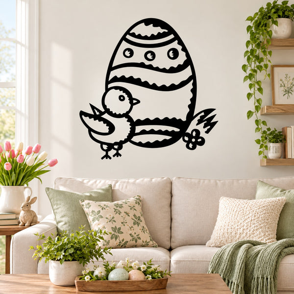 Easter egg and chick wall decal, black silhouette with chick and flower accent