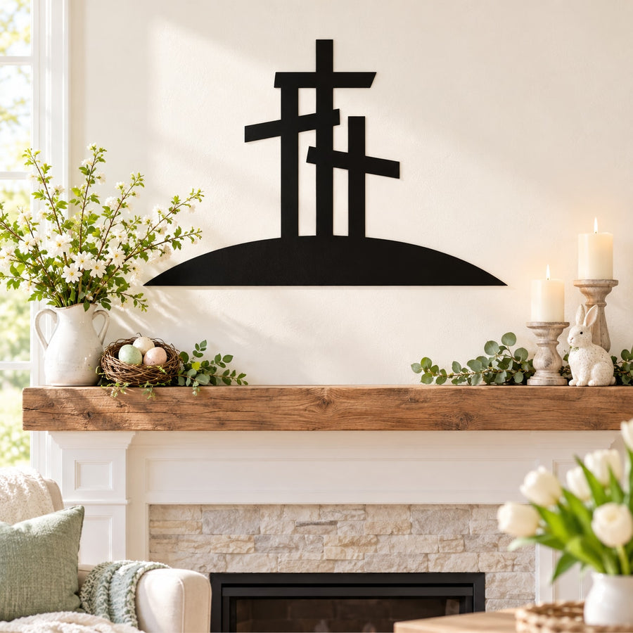 Easter wall decal with three black crosses and arch base, minimalist design