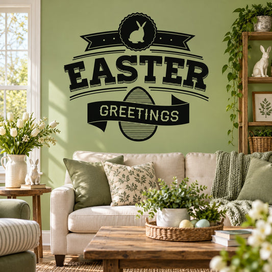 Easter greetings typography wall decal with bunny emblem and ribbon design