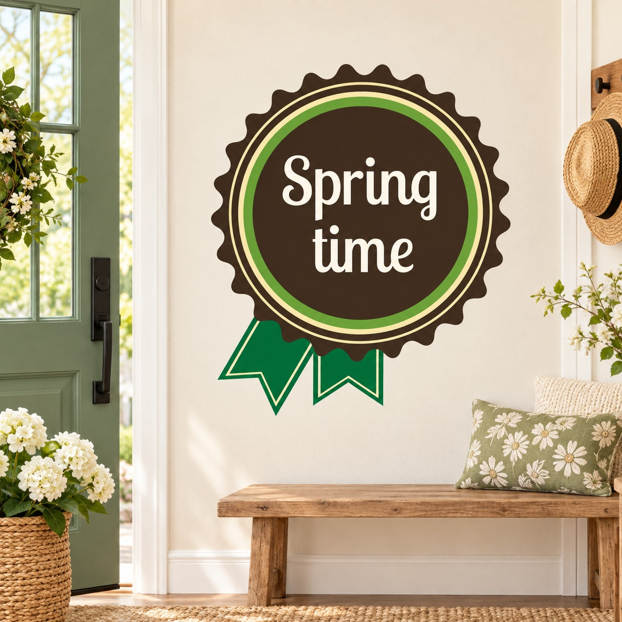 Spring time ribbon wall decal with circular badge design and green accents