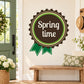 Spring time ribbon wall decal with circular badge design and green accents