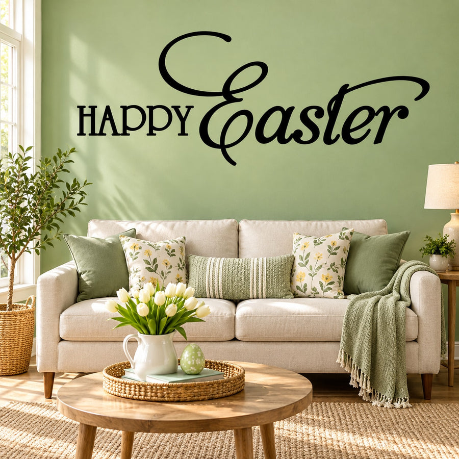 Happy Easter script vinyl wall decal with elegant cursive lettering