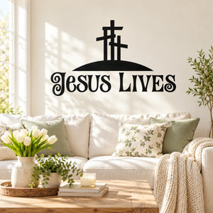 Religious wall decal with triple cross and "Jesus Lives" text lettering
