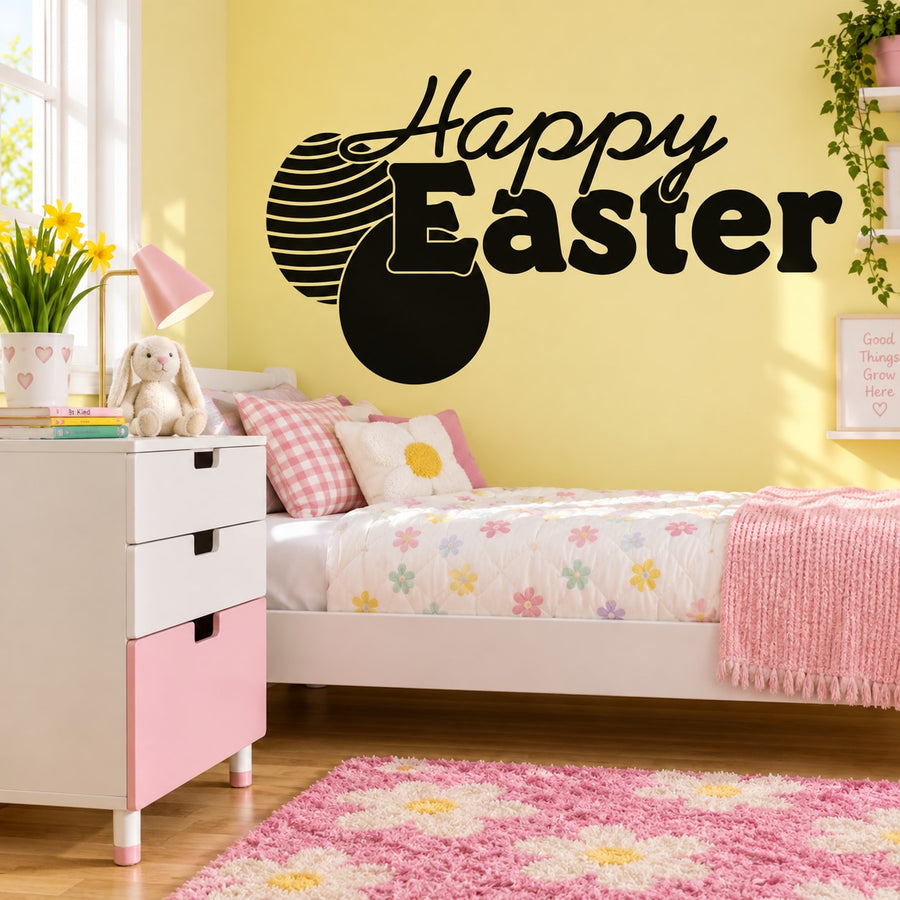 Happy Easter wall decal with black script text and large egg graphic