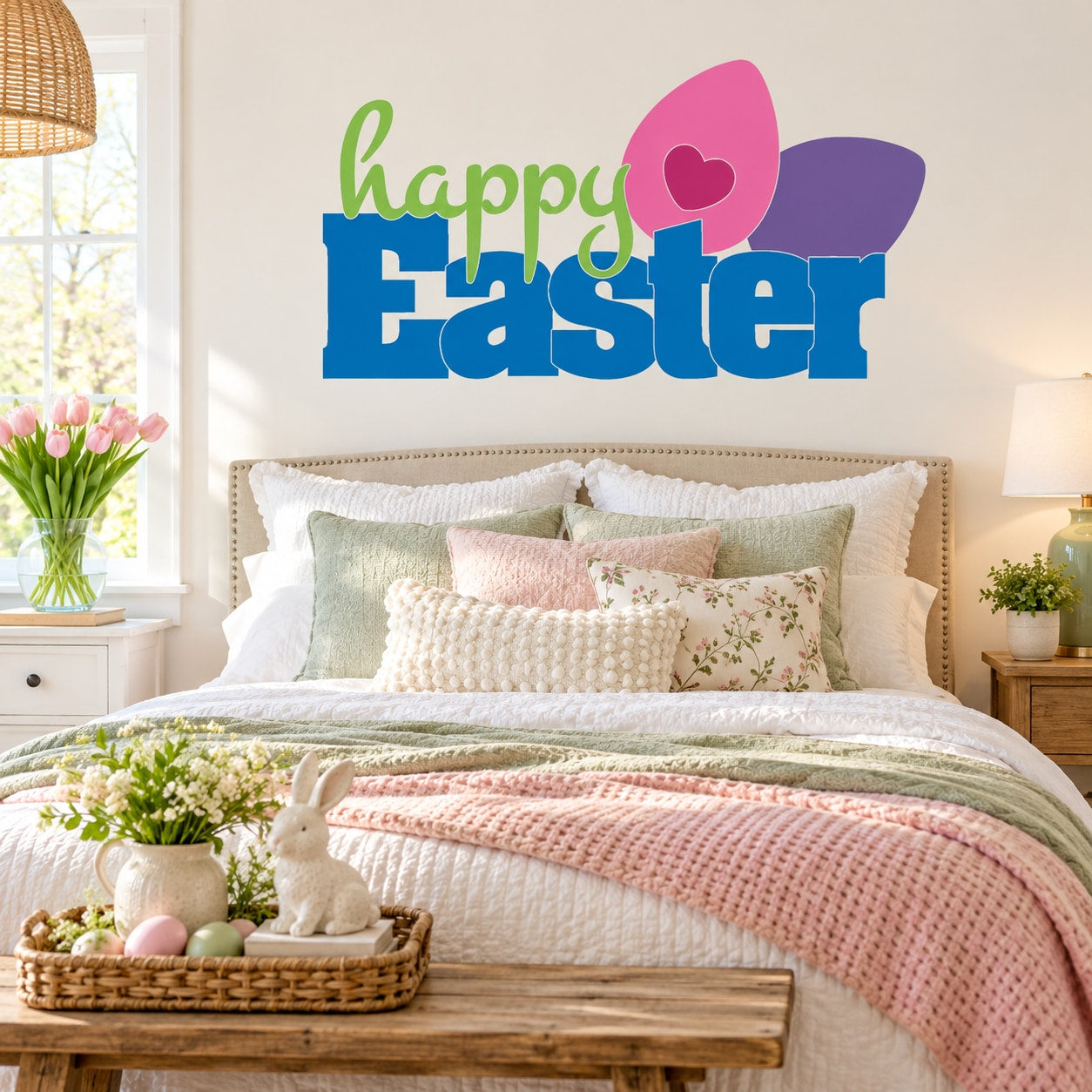 Happy Easter die-cut wall decal with colorful text and heart in multi-piece shapes