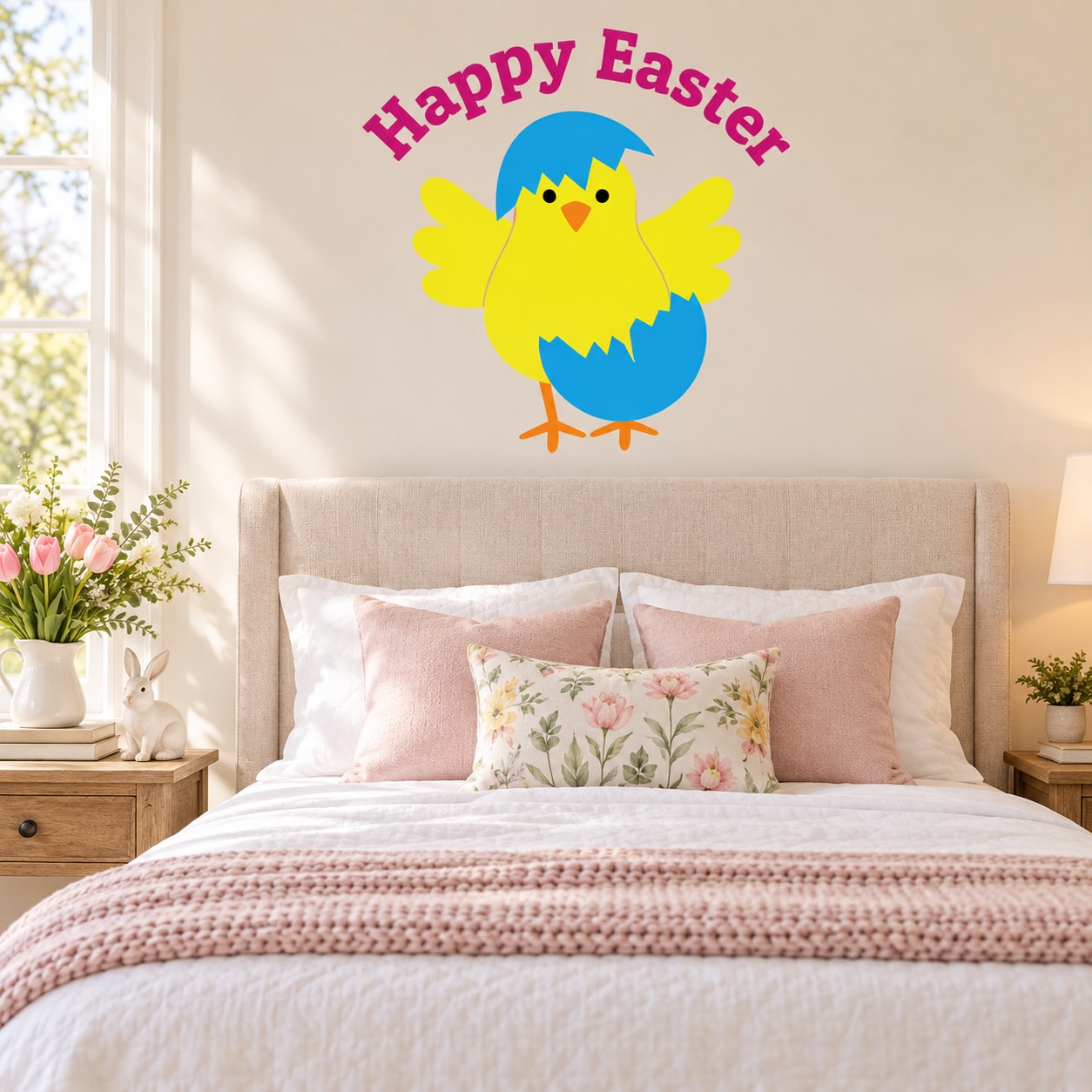 Easter chick hatching egg die-cut decal with blue/yellow chick and “Happy Easter”