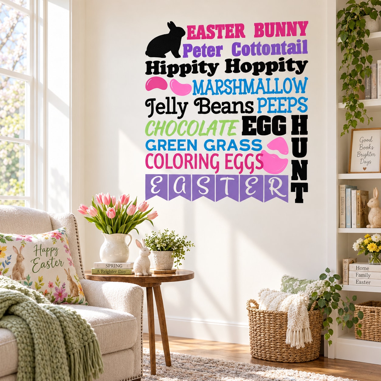 Colorful Easter Bunny quote die-cut decal with black bunny silhouette and multicolor text