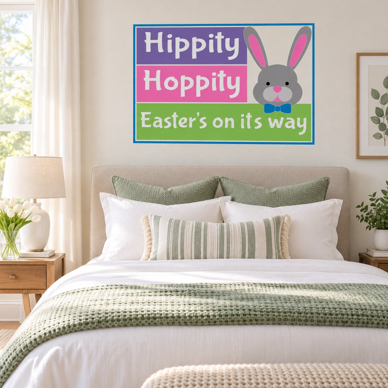 Easter die-cut decal with pink bunny and 'Easter's on its way' text