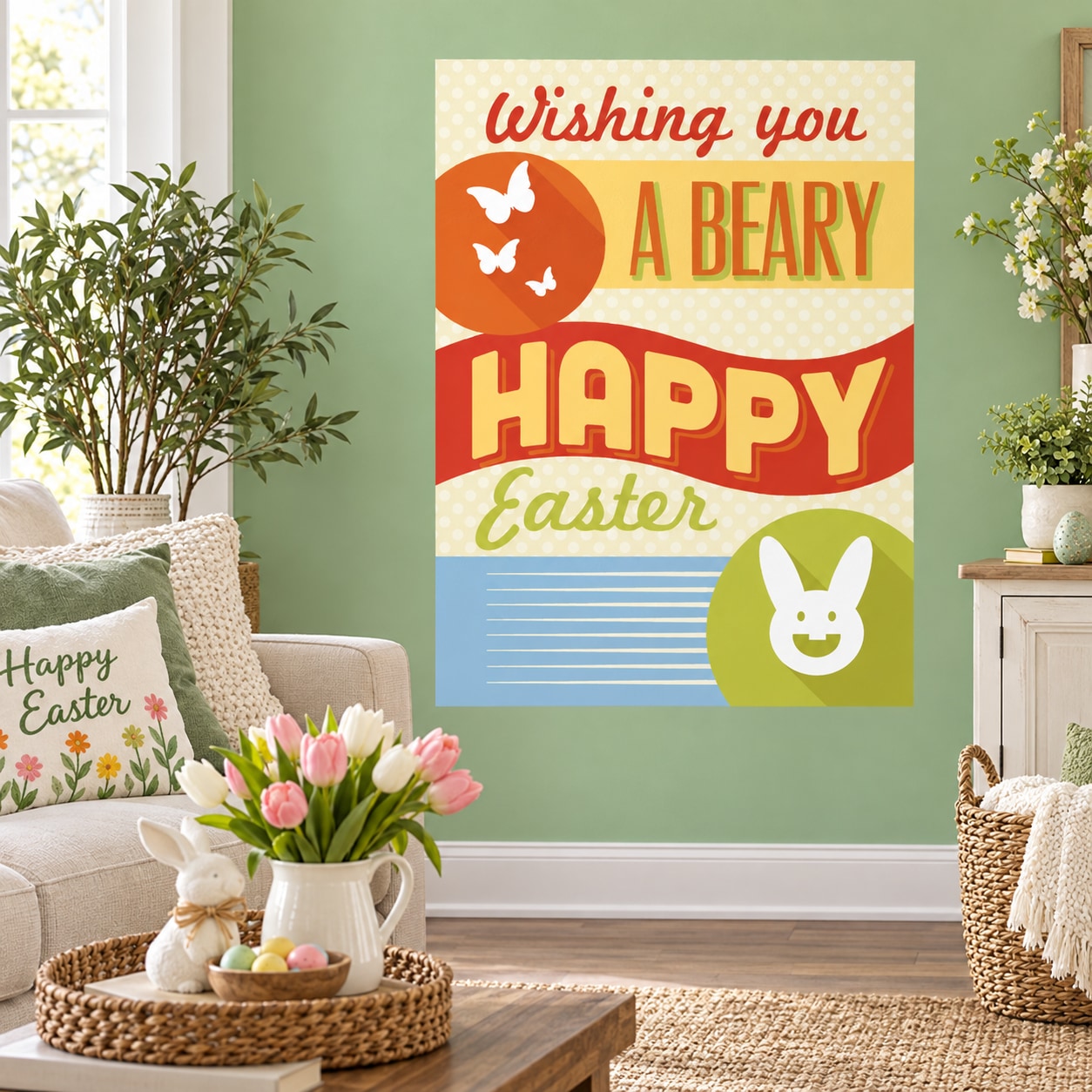 Rectangle Easter sticker with 'Wishing you a beary happy Easter' and bear/bunny icons