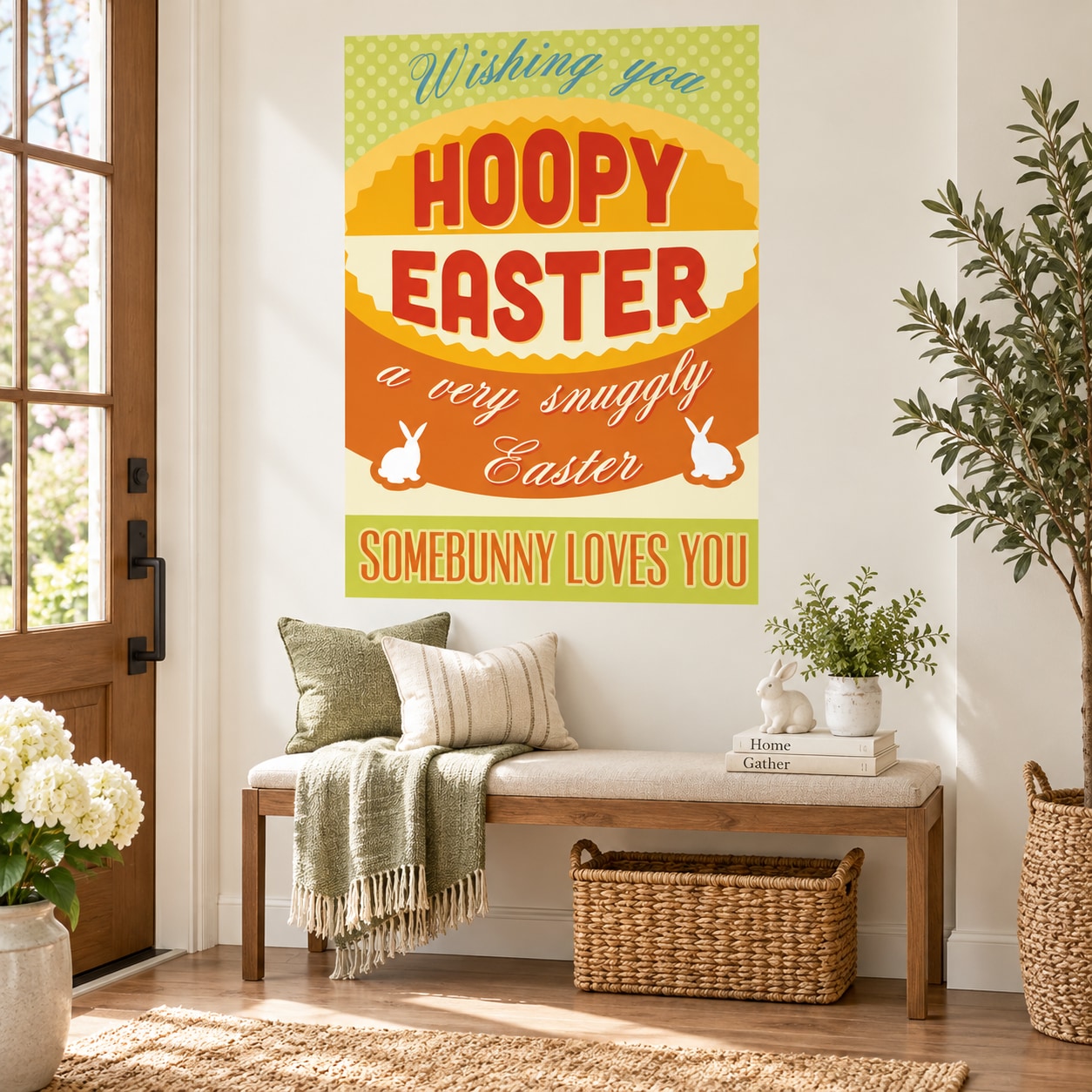 Hoopy Easter Somebunny Loves You wall sticker with bunny and orange yellow typography