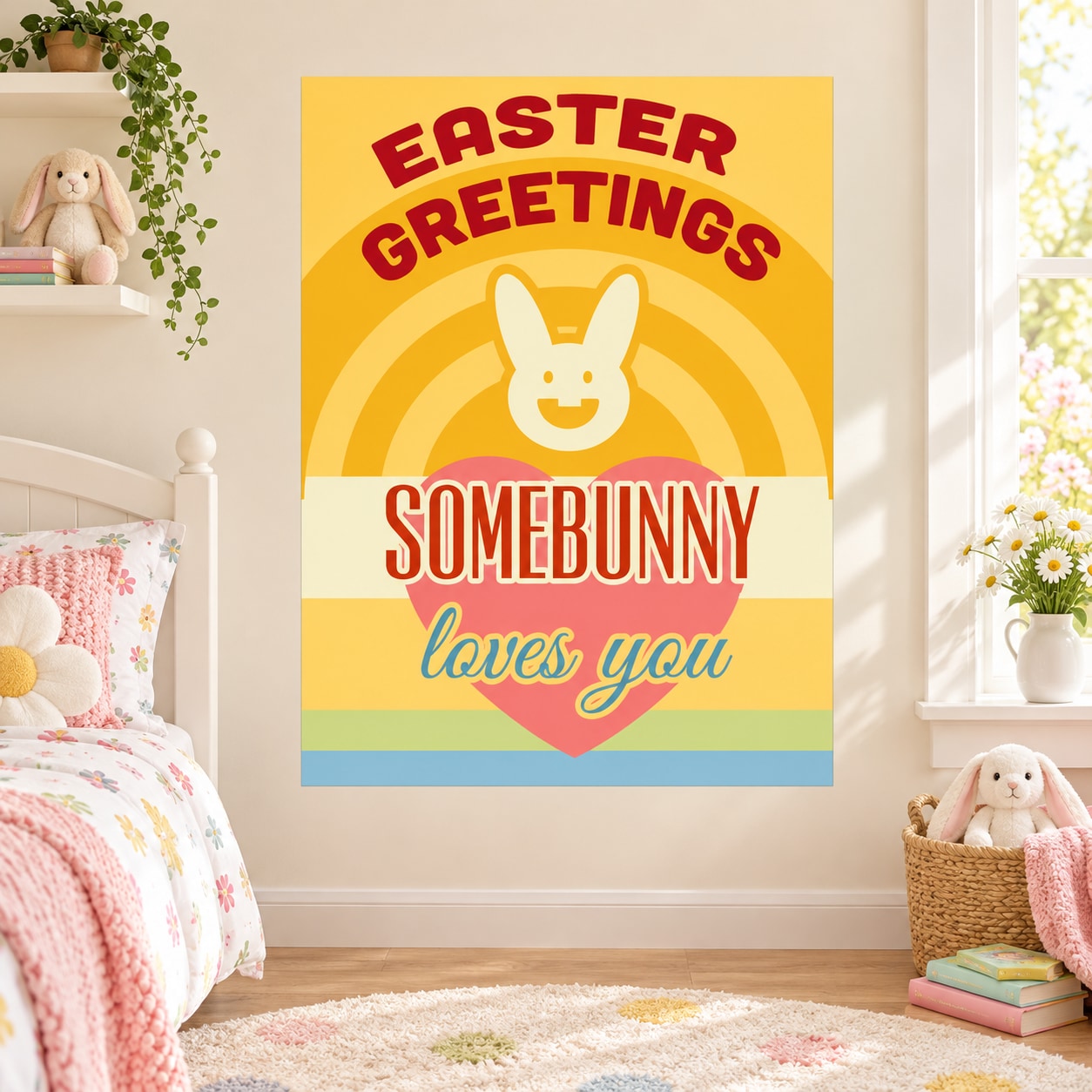 Easter greetings rectangle sticker with yellow bunny face and “Somebunny loves you” text