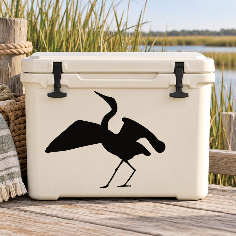 Egret stretching decal featuring black bird silhouette on white surface