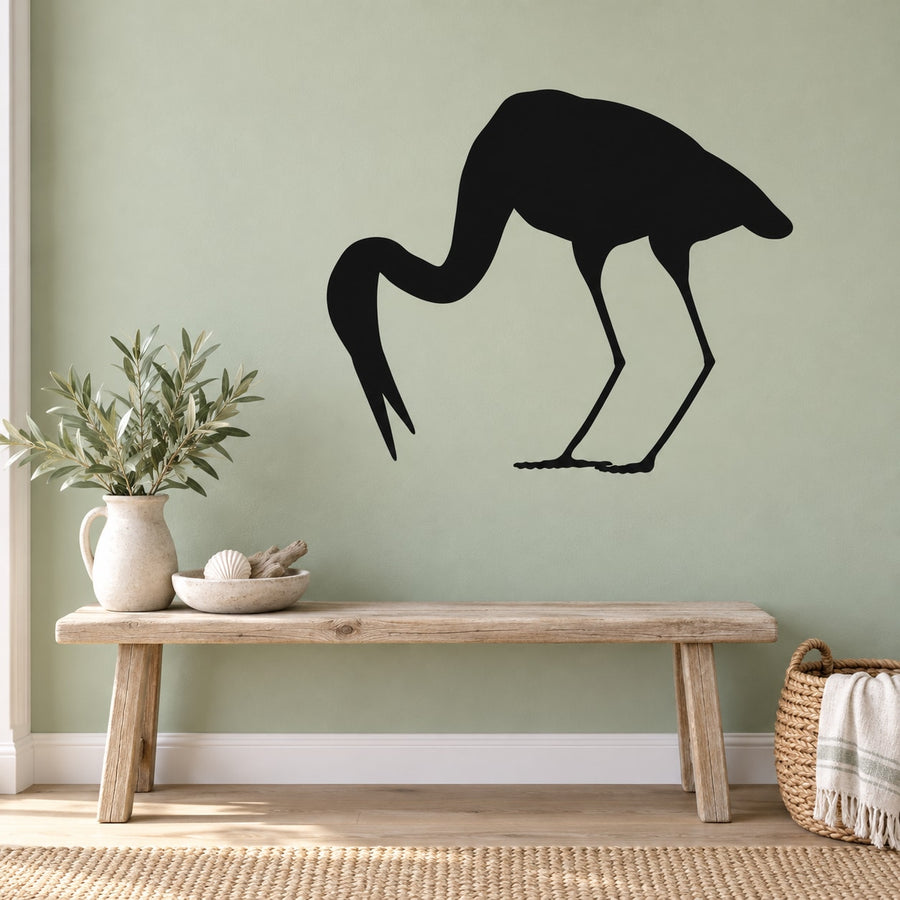 Black feeding egret silhouette wall decal with long beak and legs
