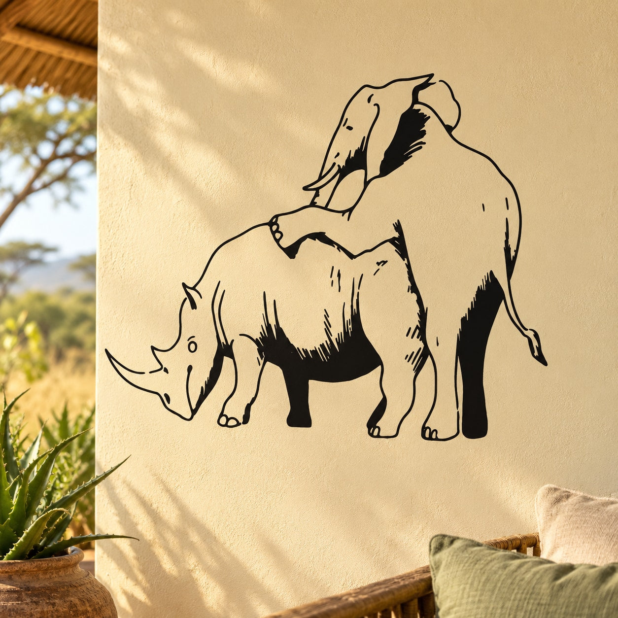Animal wall decal featuring an elephant and rhino in black outline on light background