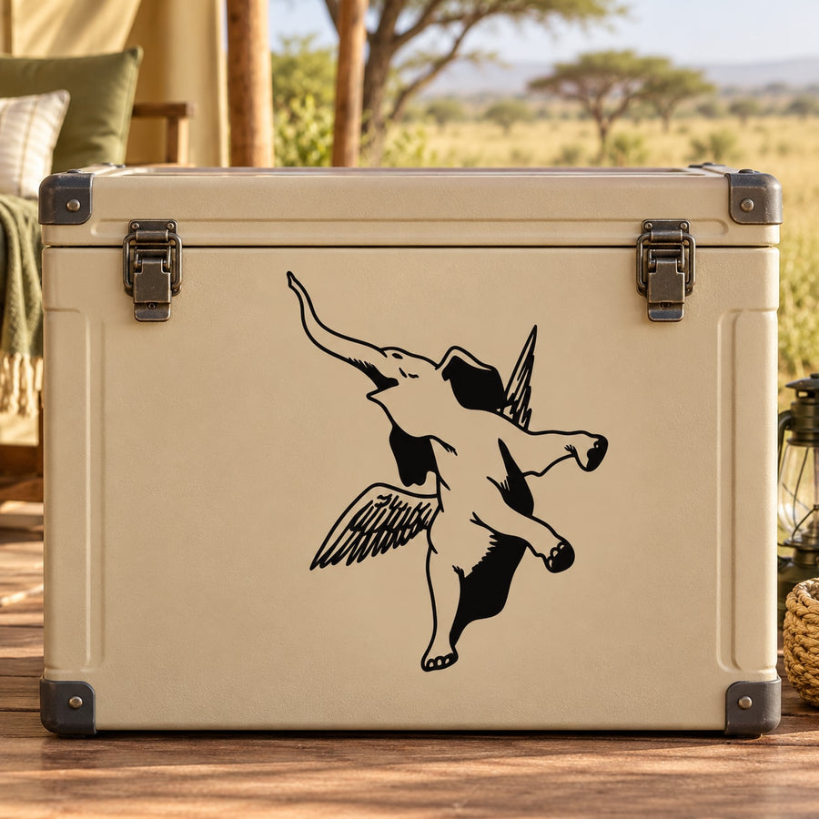 Elephant with wings flying decal in black line art on light background