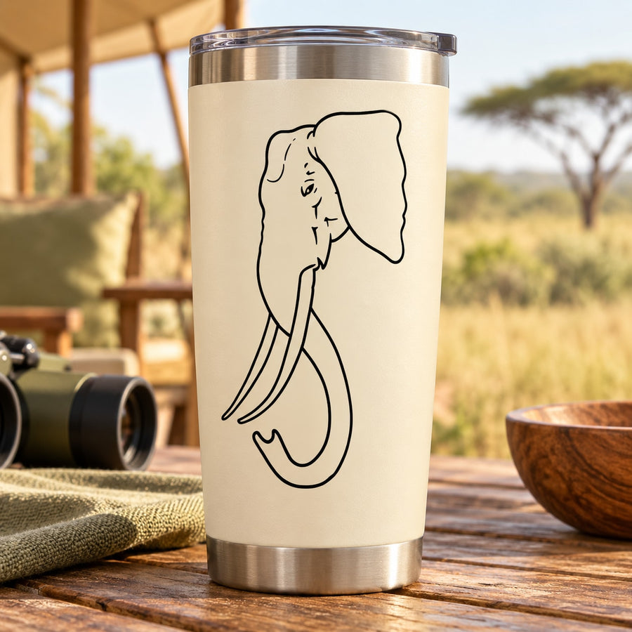 Tumbler with long trunk elephant head decal, stainless steel bottom and lid.