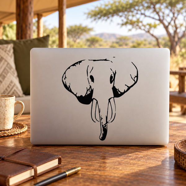 Elephant head decal with black facing line-art design on a light background
