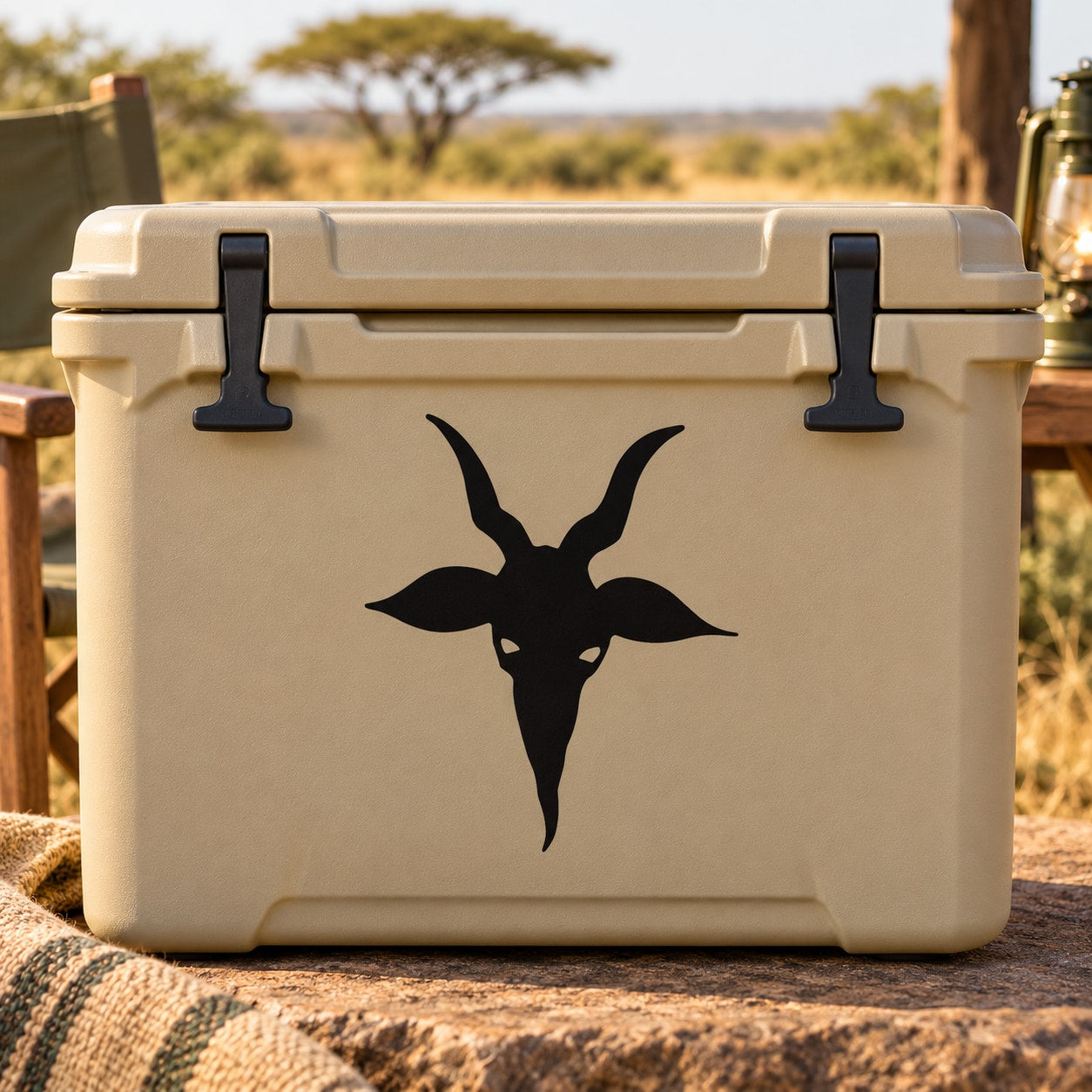 Facing goat head decal, black silhouette on tan cooler