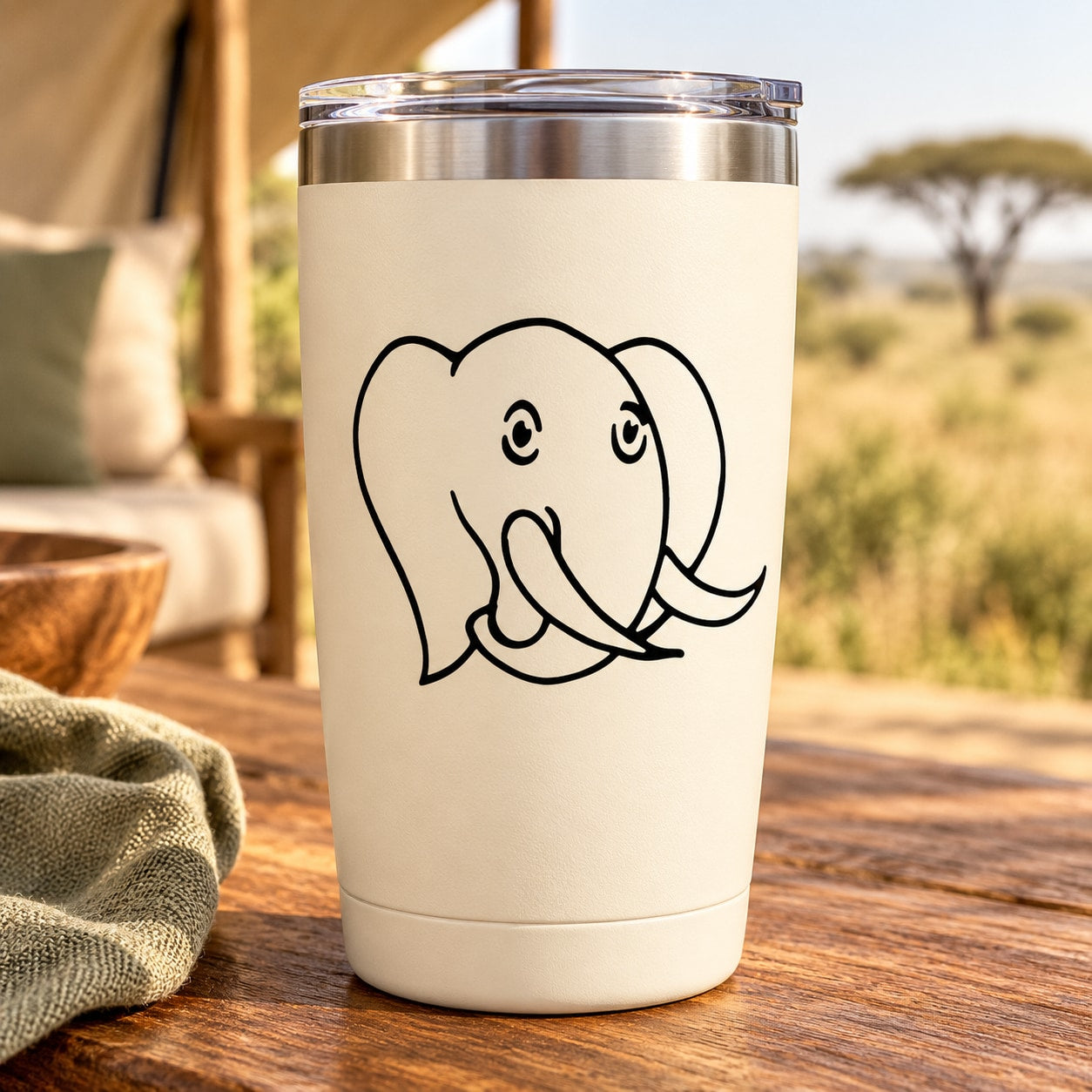 Elephant head kids decal, black outline on white tumbler