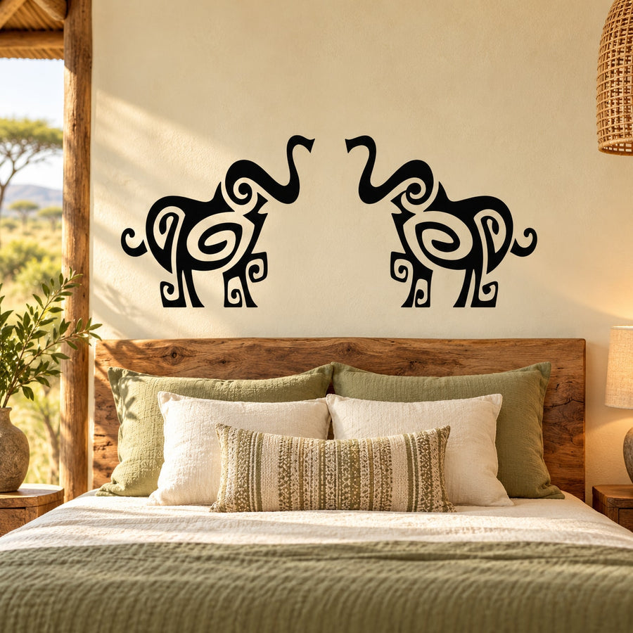 Black tribal elephant tattoo decal with ornate swirl designs