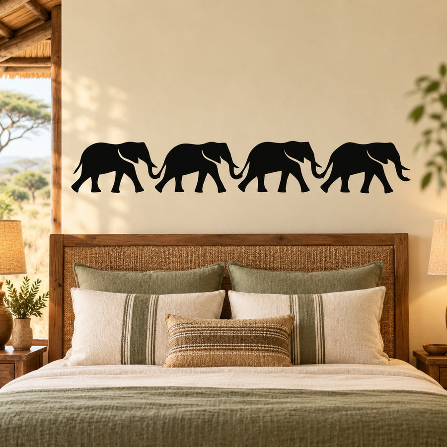 Connected four elephant silhouette wall decal, four figures linked in a row