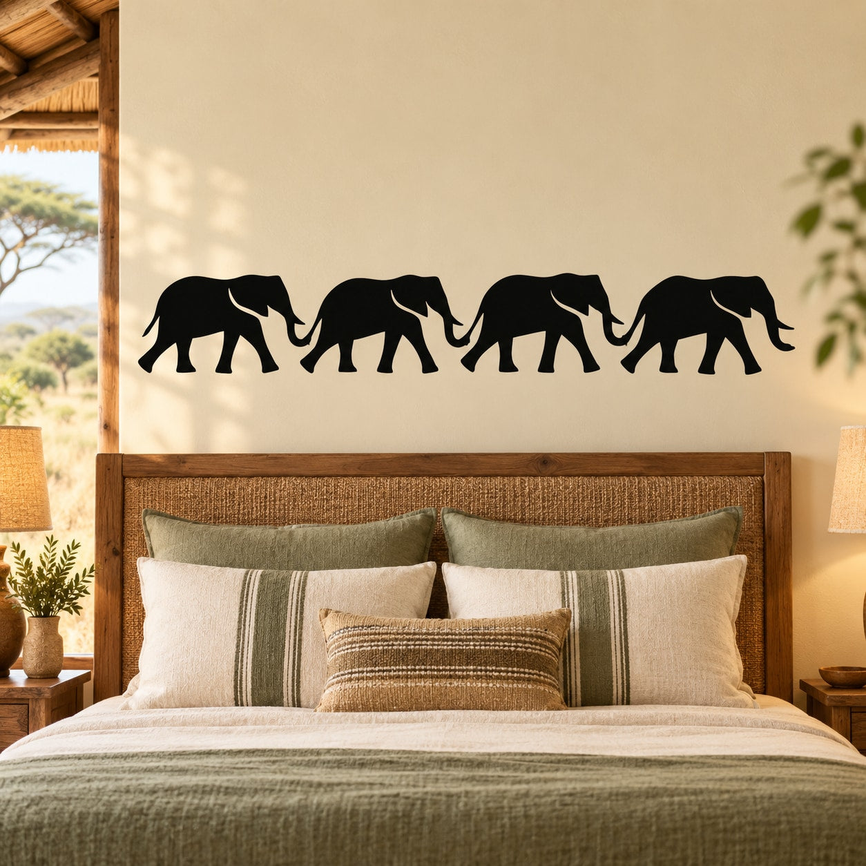 Connected four elephant silhouette wall decal, four figures linked in a row