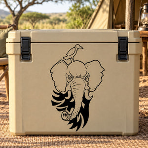 Cartoon elephant and bird decal, black line art on light surface.