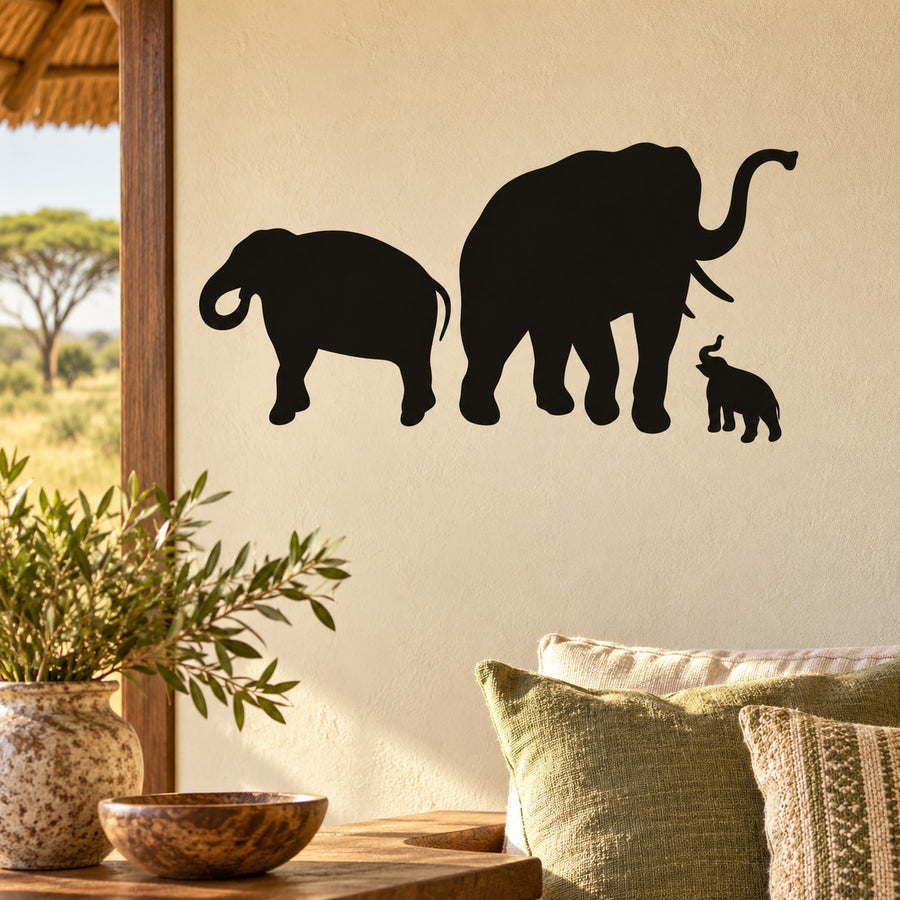 Elephant family wall decal with two adult and one baby elephant silhouette, black