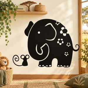 Kids wall decal of a black elephant with small mice, paw prints, and flower details