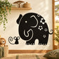 Kids wall decal of a black elephant with small mice, paw prints, and flower details