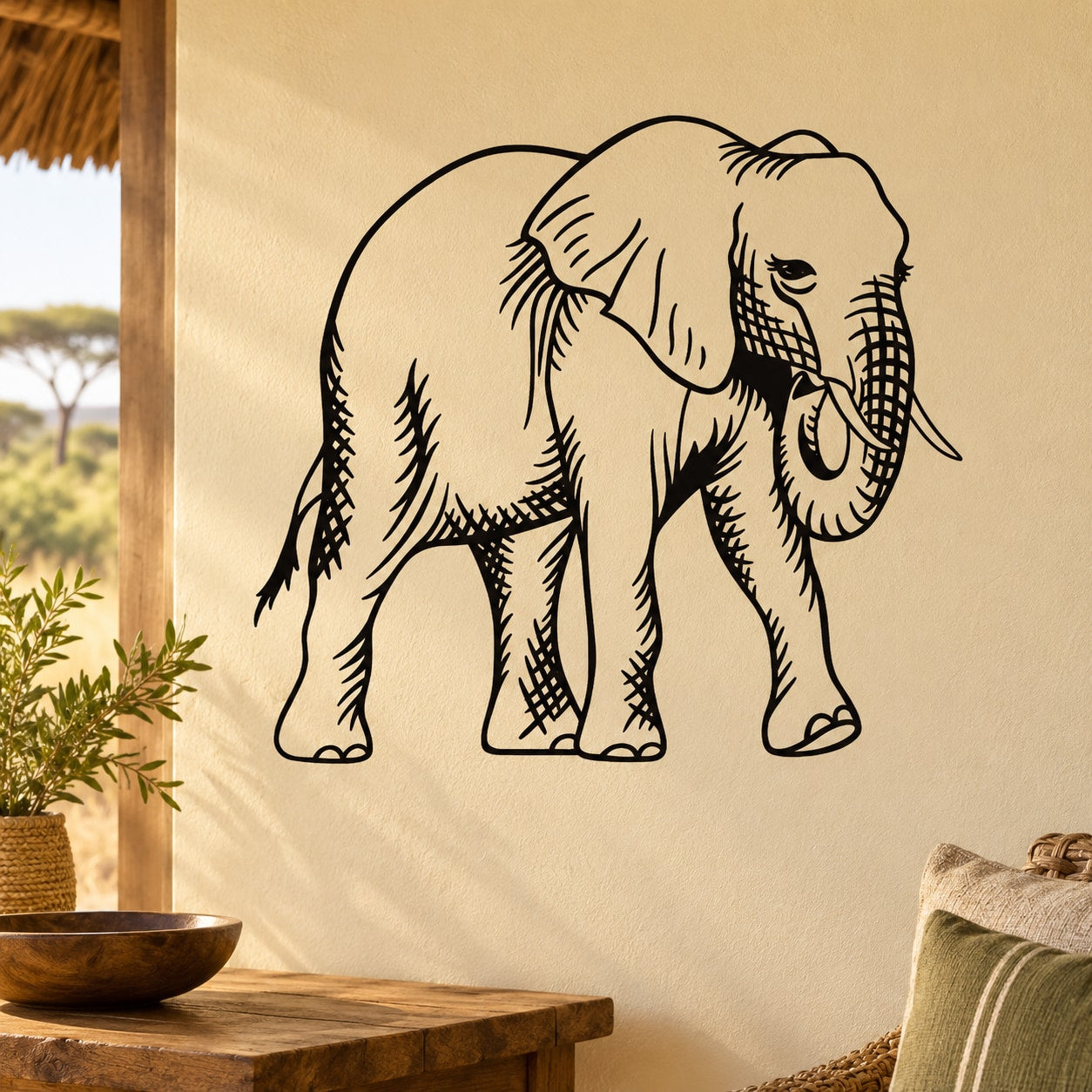 Elephant decal with black outline illustration on a beige surface