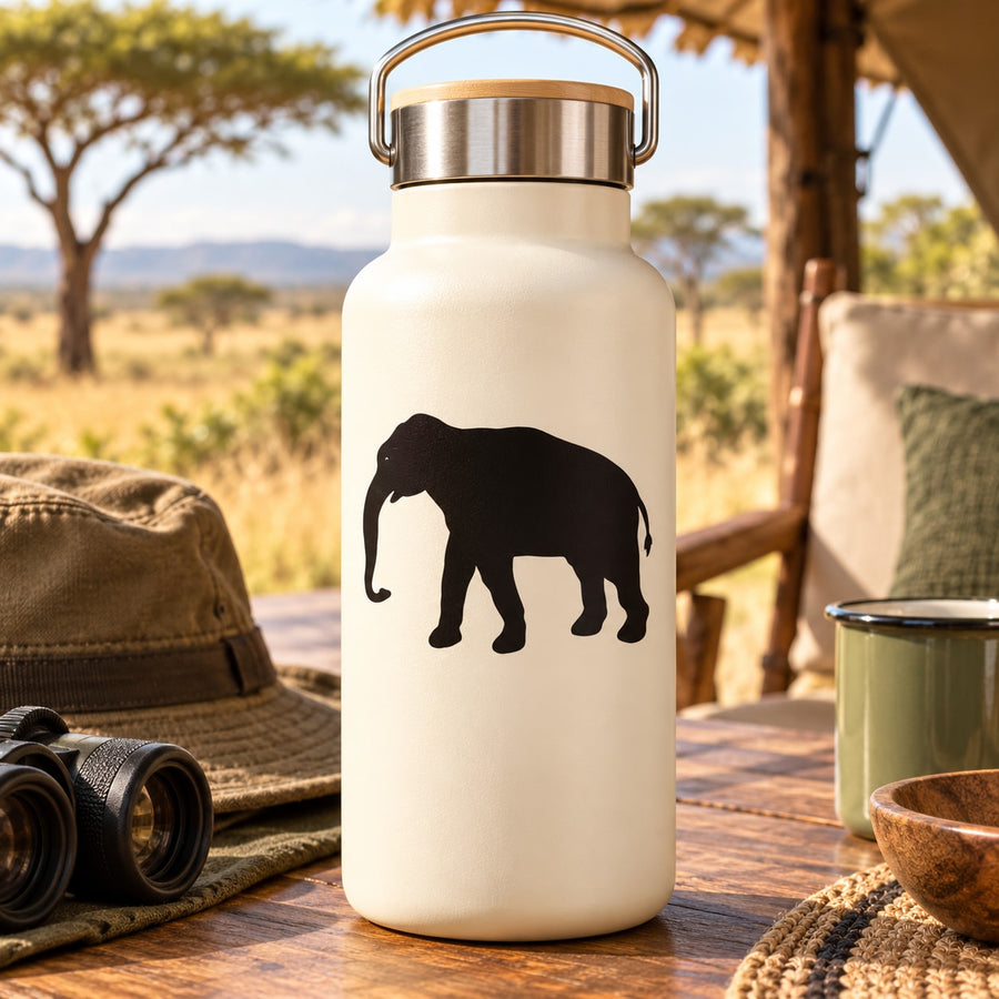Black elephant family decal on cream water bottle