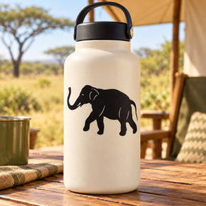 Beige water bottle with black walking elephant decal