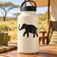 Beige water bottle with black walking elephant decal