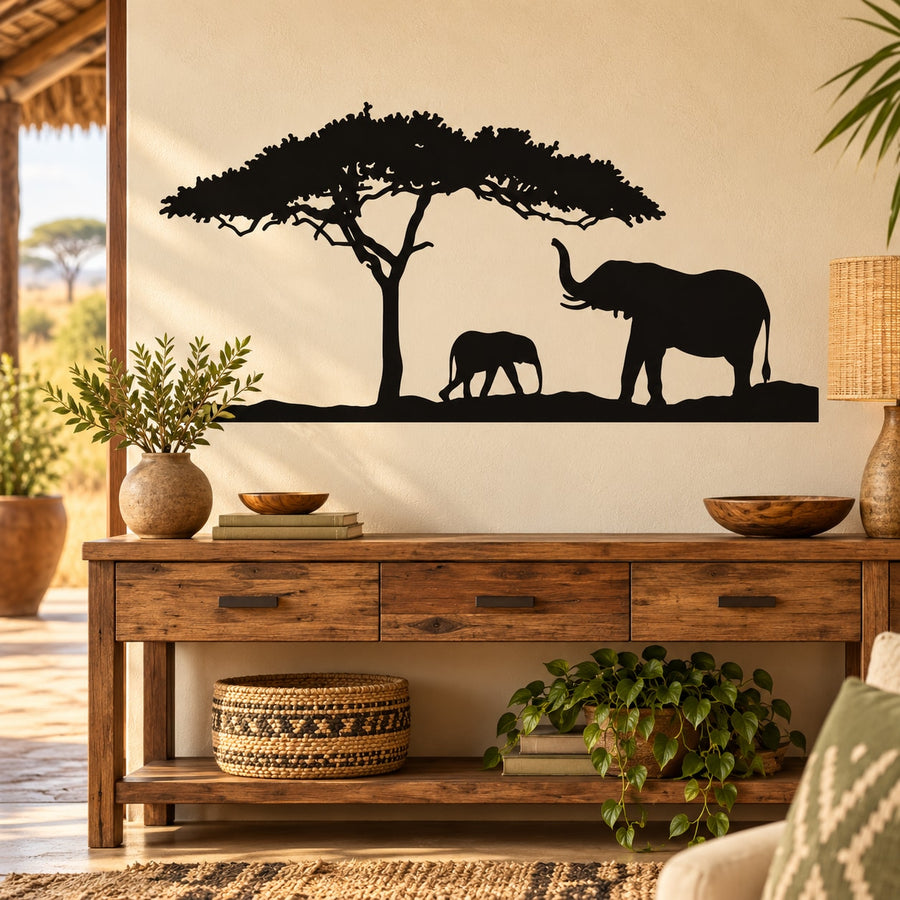 Elephant family wall decal with large tree silhouette, black