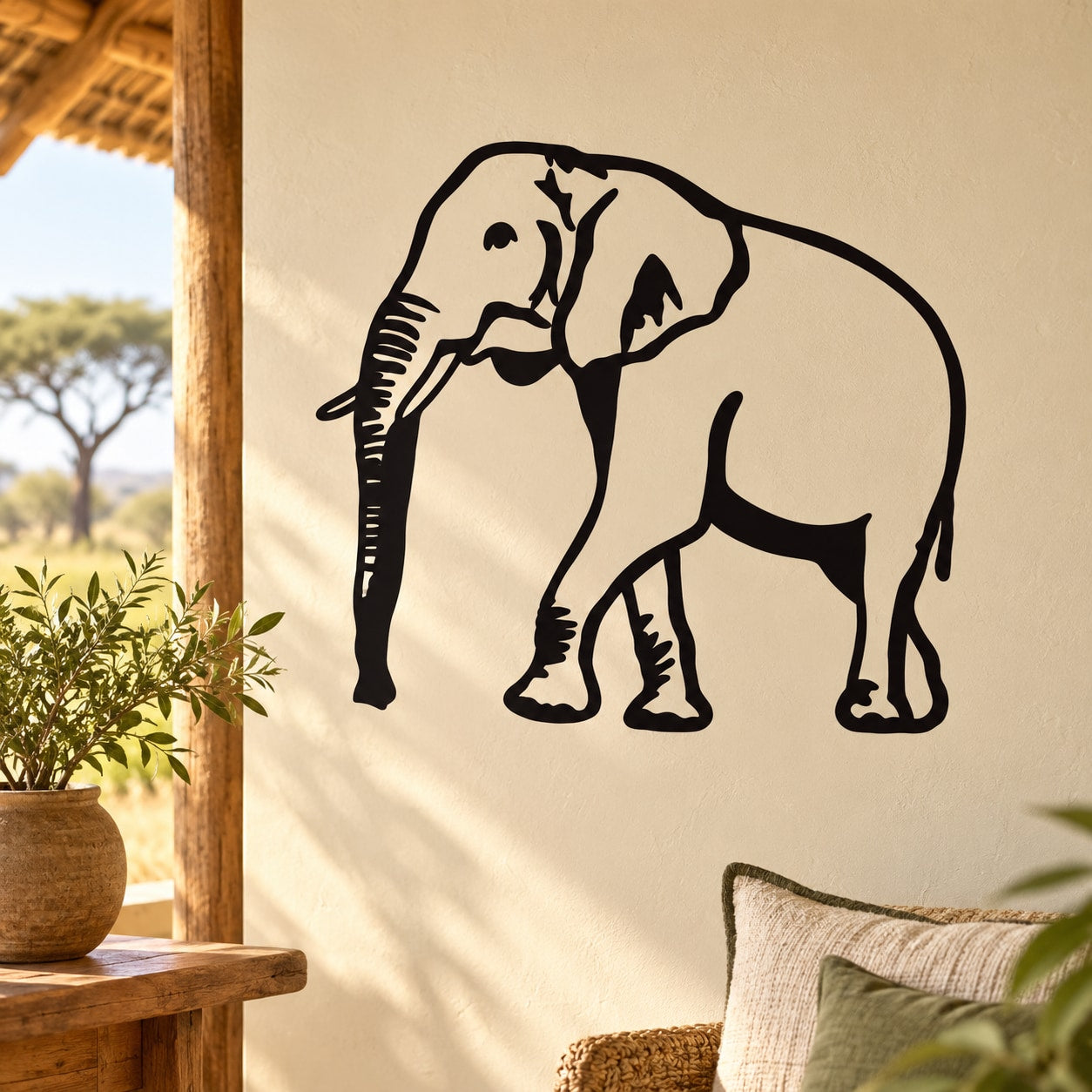 Elephant line-art wall decal, black